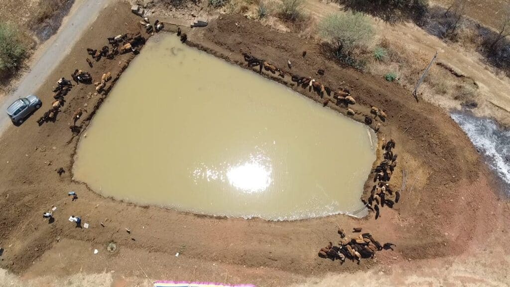 Aerial view of full Hosur Village pond.